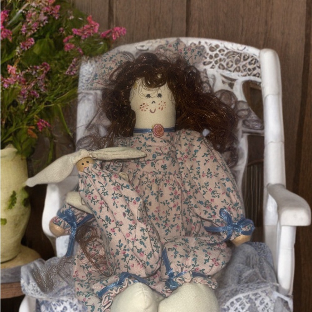 Vintage Cloth Doll With Wooden Baby